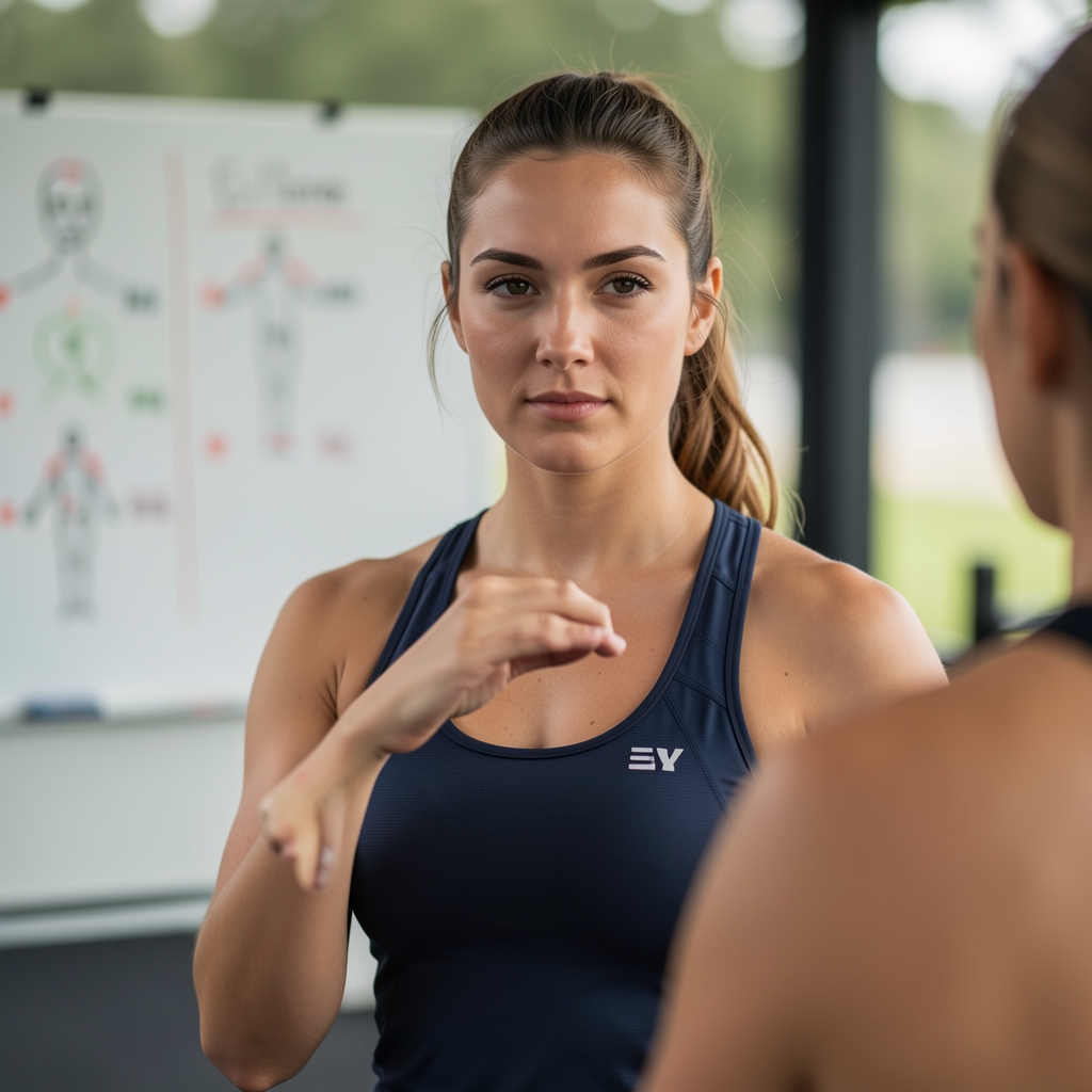 Elova coach demonstrating a hinge movement pattern to a client during a movement screening session at the Kuala Lumpur training studio, with posture cue markers on a whiteboard in the background