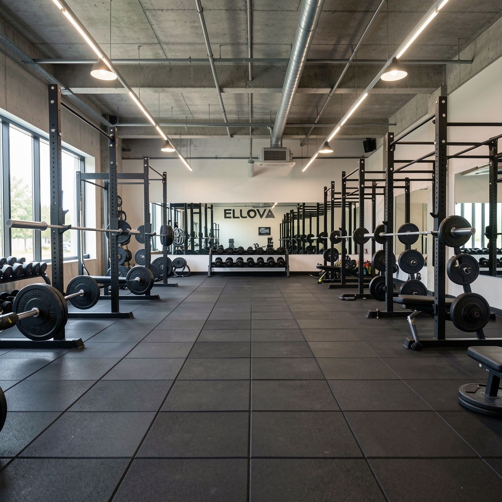 Wide angle view of Elova fitness studio interior showing rubber flooring, barbells, and squat racks under industrial overhead lighting in Kuala Lumpur