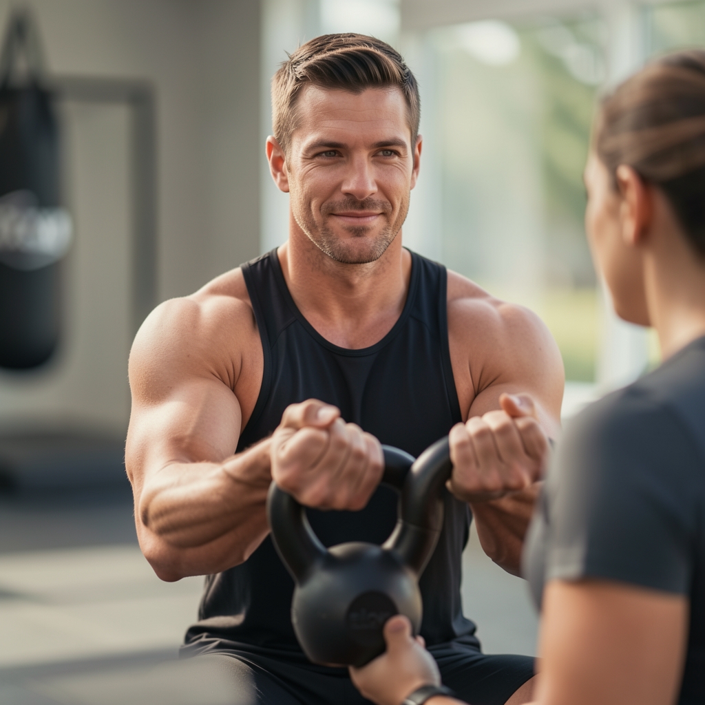 Close-up of a coach demonstrating a kettlebell deadlift technique to a client during a one-to-one session at the Elova studio