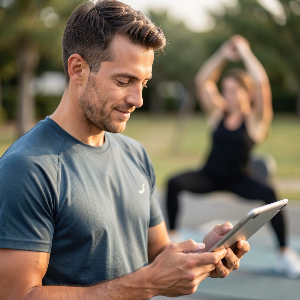 Coach reviewing a session recap on a screen while a member stretches in the background during an active recovery session at Elova